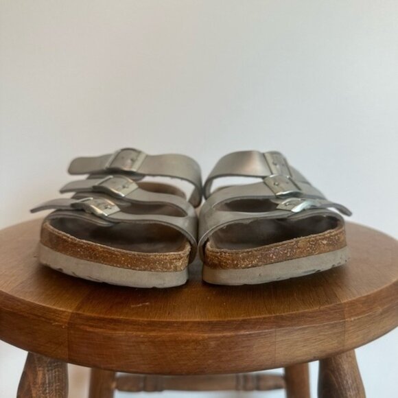 Birkenstock Papillio Florida Silver Sandal Womens Size EU 39 US 8 Triple Strap - Picture 2 of 11